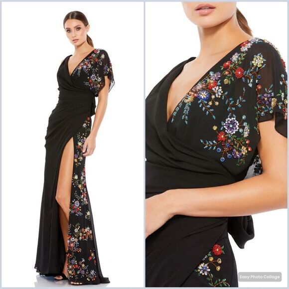 Mac Duggal 26530 Womens FAUX WRAP MULTI COLORED BEADED FLORAL GOWN Dress - Picture 2 of 15